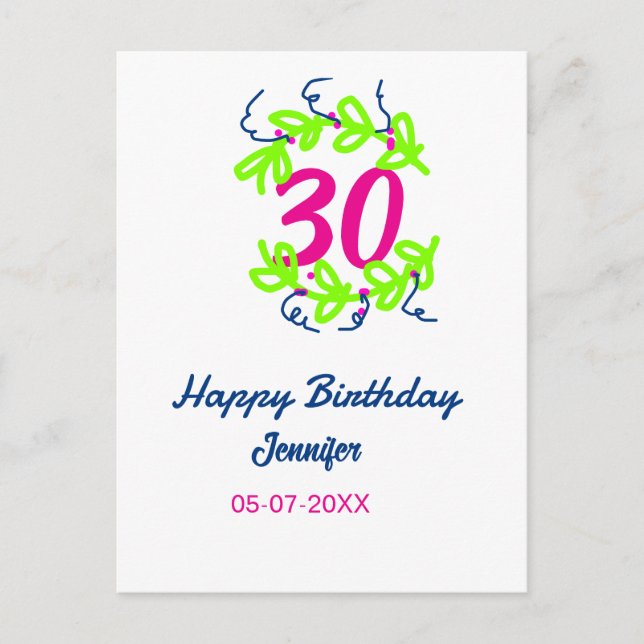 30th birthday green blue wreath name date rustic b postcard (Front)