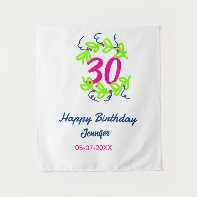 30th birthday green blue wreath name date rustic b tapestry (Front)