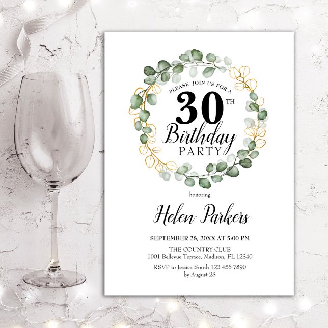 30th Birthday - Green Eucalyptus Foliage Wreath Invitation (Creator Uploaded)