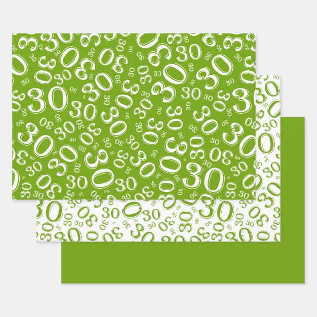 30th Birthday Green & White Number Pattern 30 Wrapping Paper Sheet (Set)