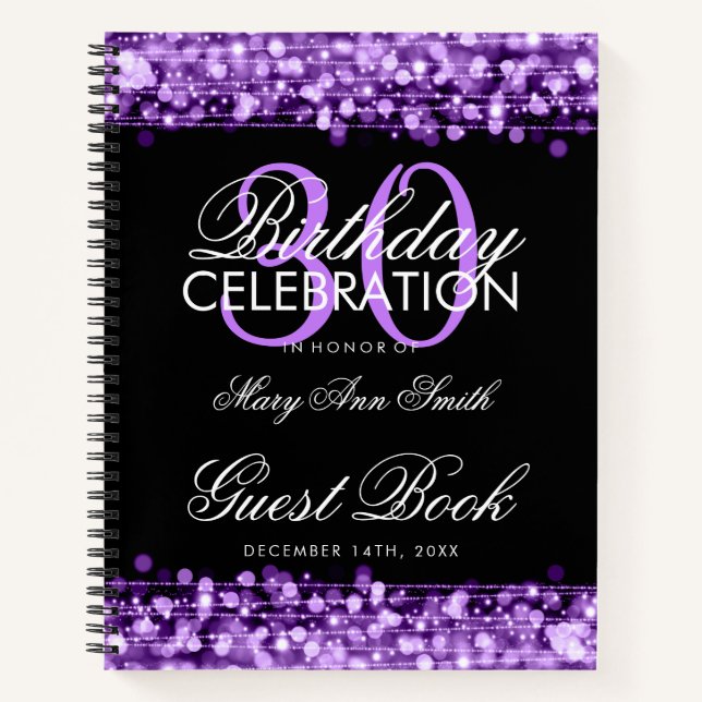 30th Birthday Guestbook Party Sparkles Purple Notebook (Front)