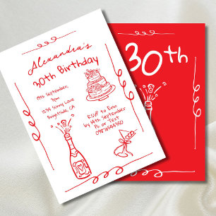 30th Birthday Hand Drawn Red Whimsical Invitation