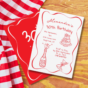 30th Birthday Hand Drawn Red White Whimsical Invitation