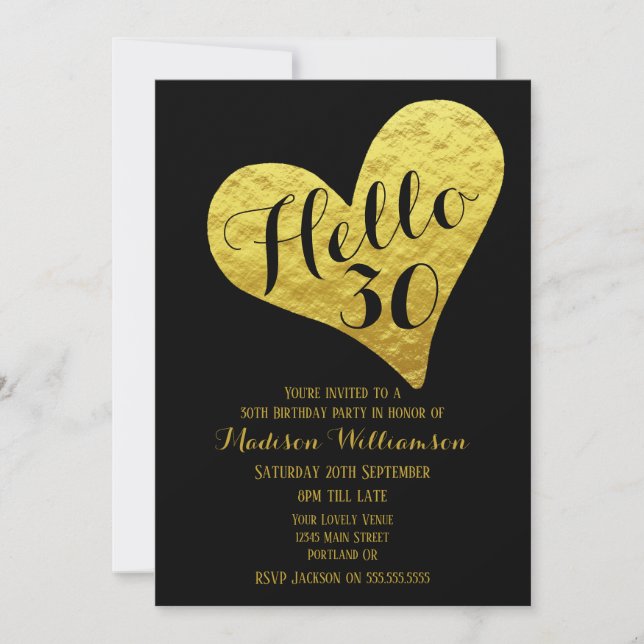 30th Birthday Hello 30 Black and Faux Gold Heart Invitation (Front)