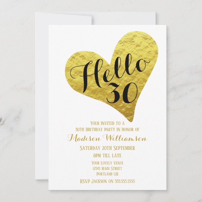 30th Birthday Hello 30 Black and Faux Gold Heart Invitation (Front)