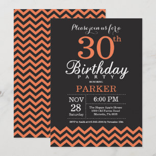 30th Birthday Invitation Black and Coral Chevron