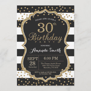 30th Birthday Invitation. Black and Gold Glitter Invitation