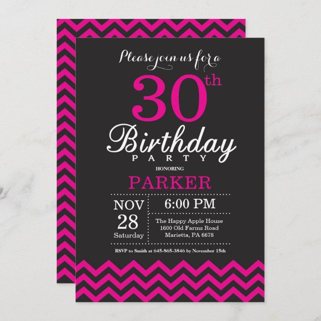 30th Birthday Invitation Black and Hot Pink (Front/Back)