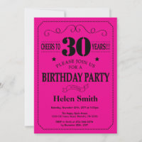 30th Birthday Invitation Black and Hot Pink