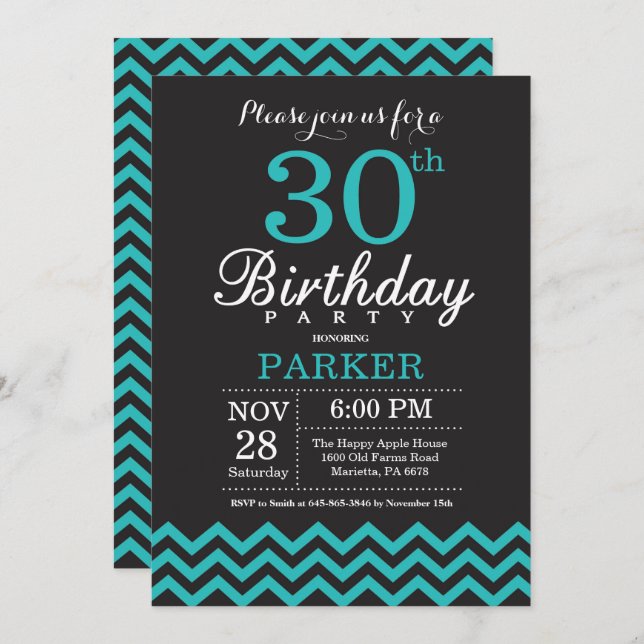 30th Birthday Invitation Black and Teal (Front/Back)