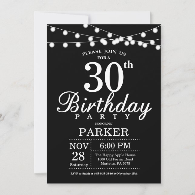 30th Birthday Invitation Black and White (Front)