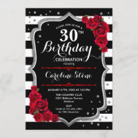 30th Birthday Invitation Black White Stripes Roses