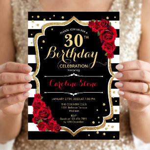 30th Birthday Invitation Black White Stripes Roses