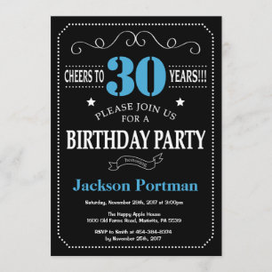 30th Birthday Invitation Blue and Black Chalkboard