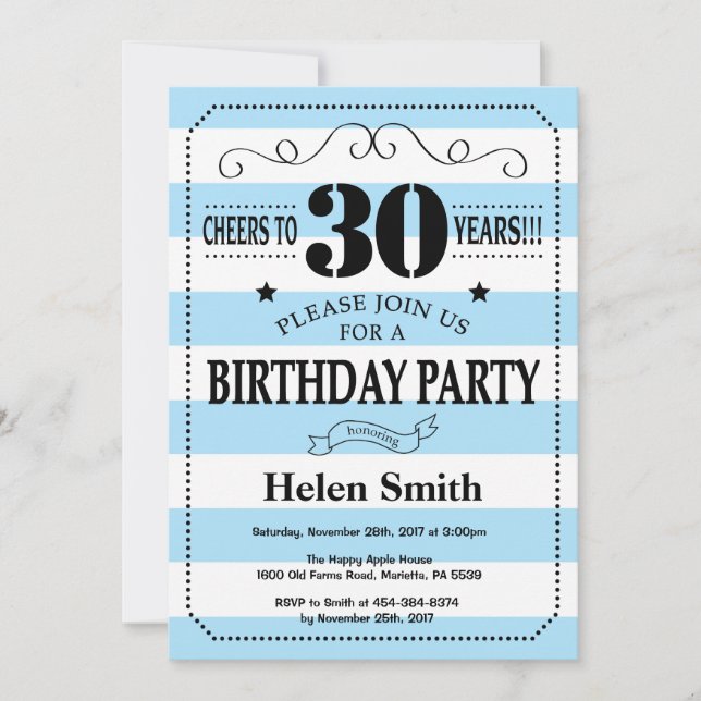 30th Birthday Invitation Blue and White Stripes (Front)
