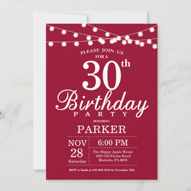30th Birthday Invitation Burgundy Red (Front)