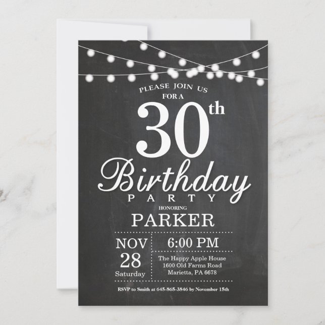 30th Birthday Invitation Chalkboard String Lights (Front)