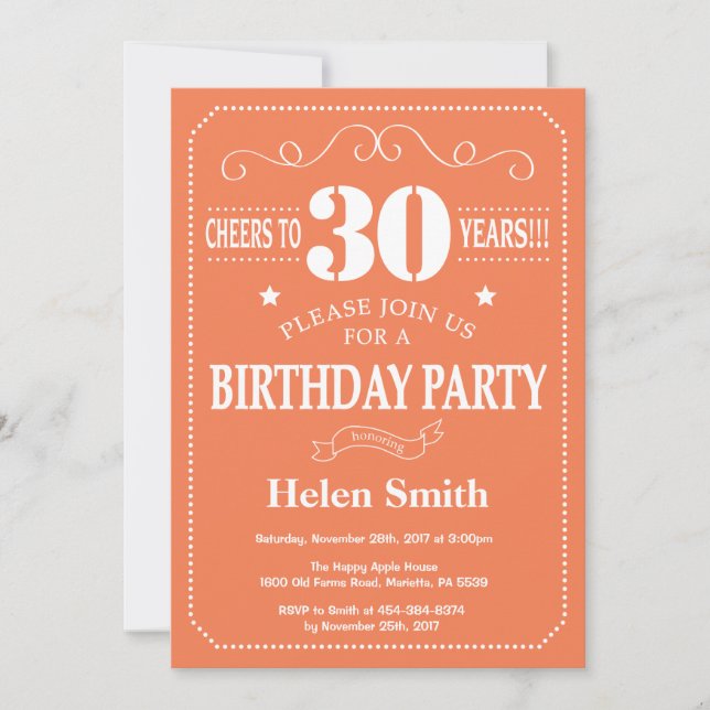 30th Birthday Invitation Coral and White (Front)