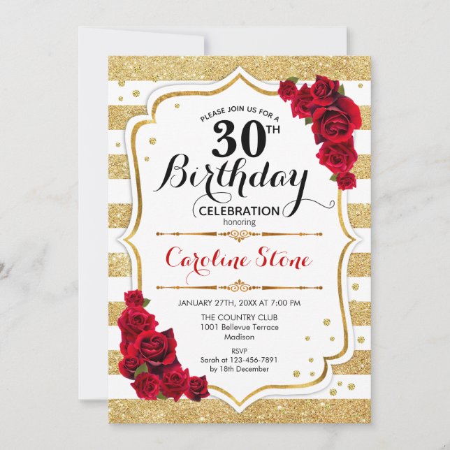 30th Birthday Invitation Gold White Stripes Roses (Front)