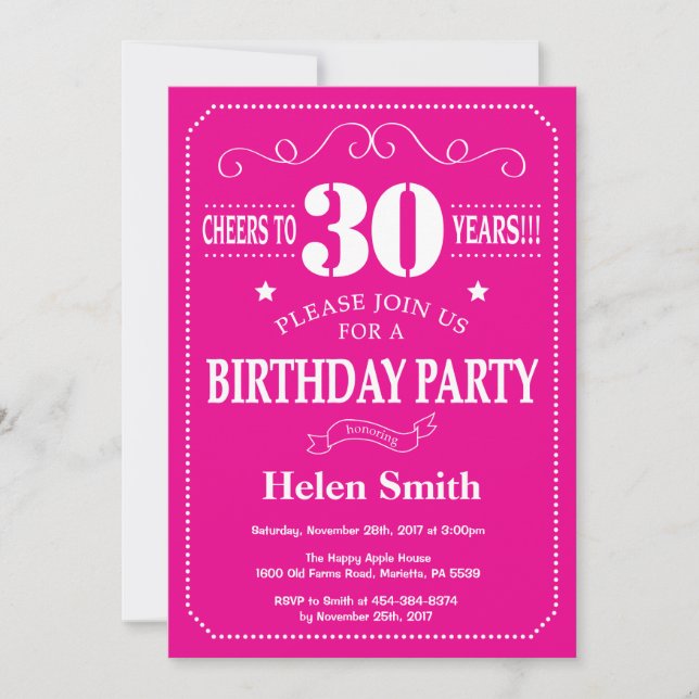 30th Birthday Invitation Hot Pink and White (Front)