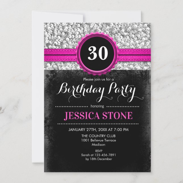 30th Birthday Invitation - Hot Pink Black Silver (Front)