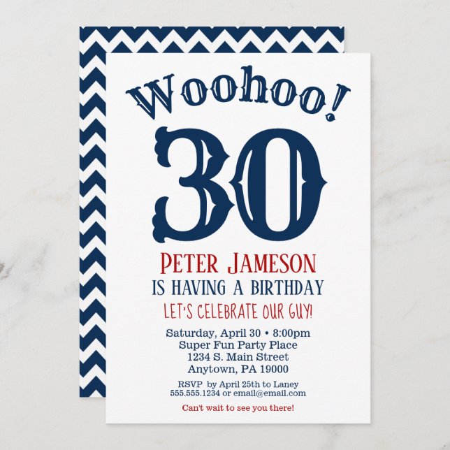 30th Birthday Invitation Mens Navy Blue (Front/Back)