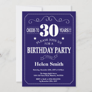 30th Birthday Invitation Navy Blue and White