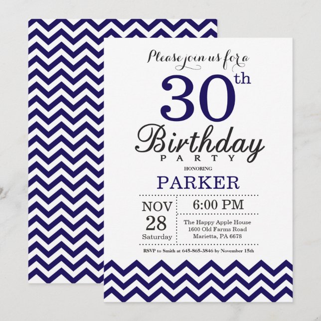 30th Birthday Invitation Navy Blue Chevron (Front/Back)