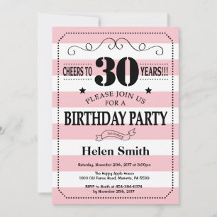 30th Birthday Invitation Pink and White Stripes