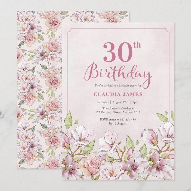 30th Birthday Invitation Pink Floral (Front/Back)