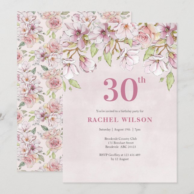 30th Birthday Invitation Pink Floral (Front/Back)