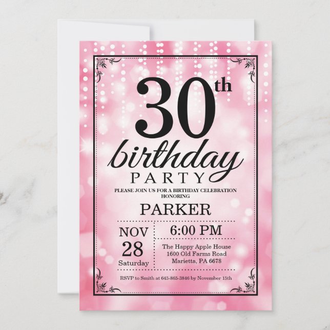 30th Birthday Invitation Pink Glitter (Front)