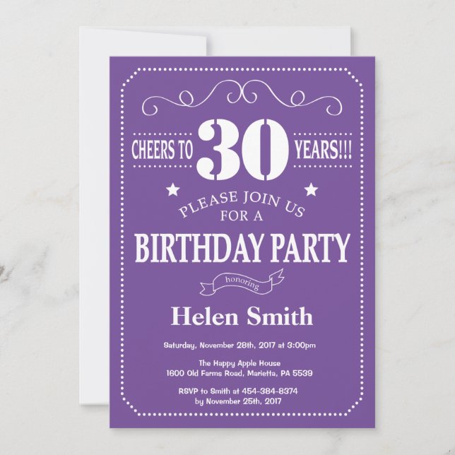 30th Birthday Invitation Purple and White (Front)
