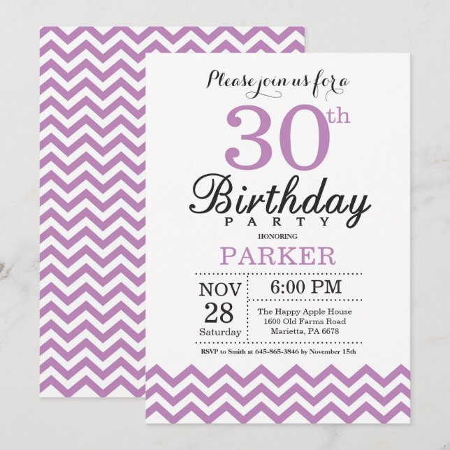 30th Birthday Invitation Purple Chevron (Front/Back)