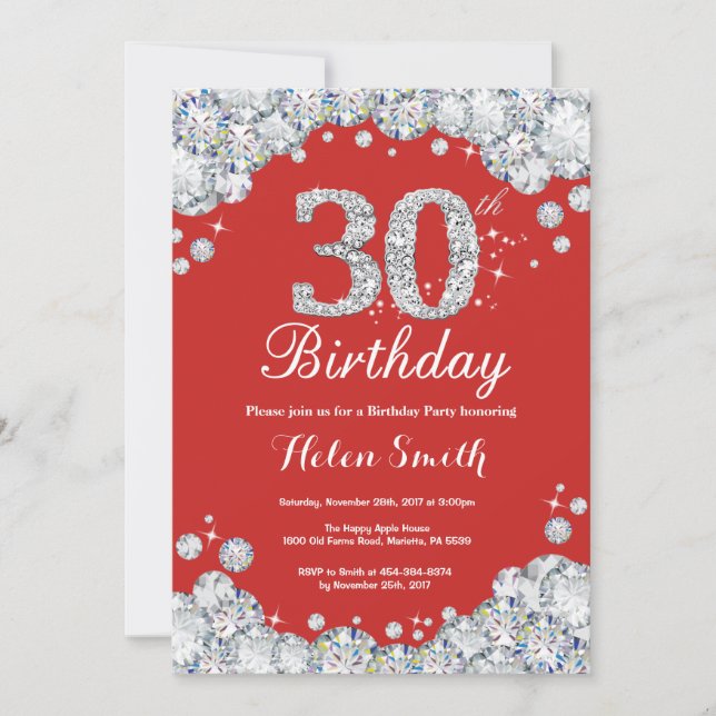 30th Birthday Invitation Red and Silver Diamond (Front)