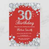 30th Birthday Invitation Red and Silver Diamond