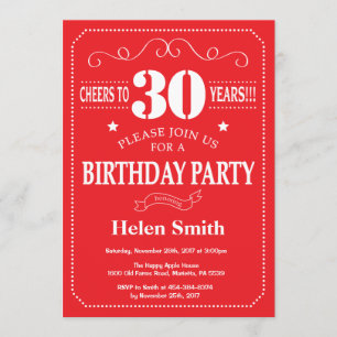 30th Birthday Invitation Red and White