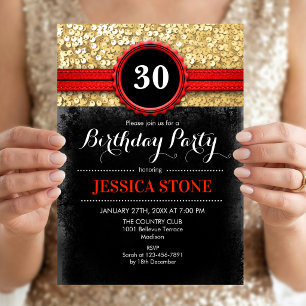 30th Birthday Invitation - Red Black Gold