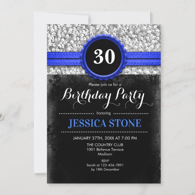 30th Birthday Invitation - Royal Blue Black Silver (Front)