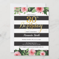 30th Birthday Invitation Women. Floral Gold Black