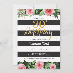 30th Birthday Invitation Women. Floral Gold Black