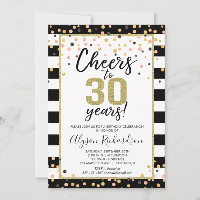 30th birthday invitations, black and gold cheers invitation (Front)