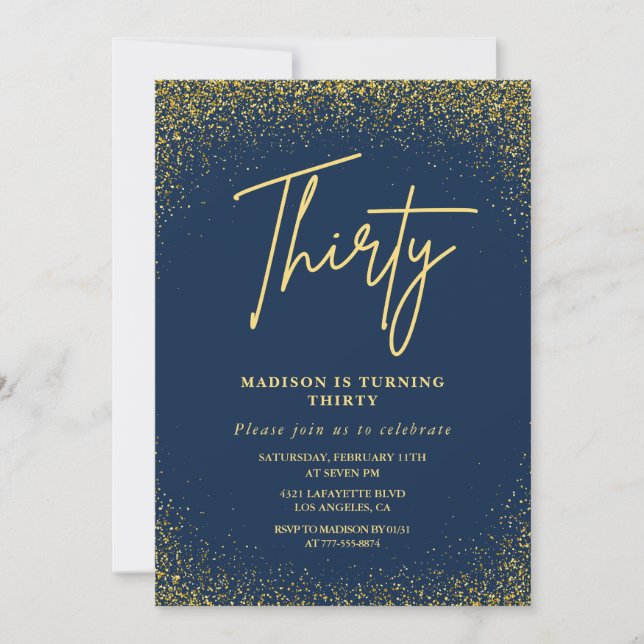 30th birthday invitations Gold Navy Glitter (Front)