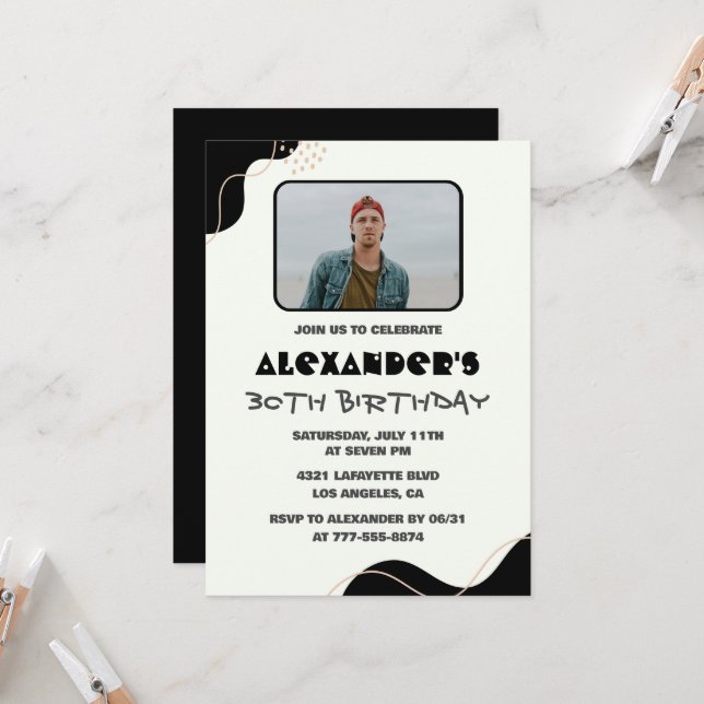 30th birthday invitations Men Black Simple Photo (Front/Back In Situ)