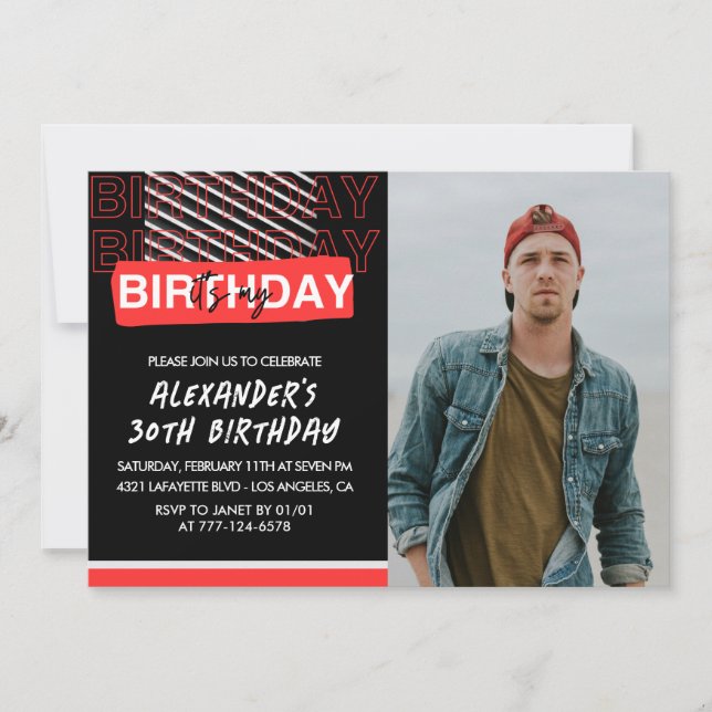 30th birthday invitations Men Party Photo Red  (Front)