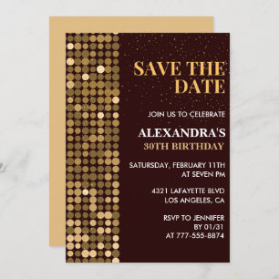 30th birthday invitations Save the date Gold