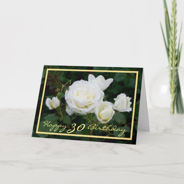 30th Birthday Jenny White Roses Elegant Gold Frame Card (Front)