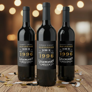30th Birthday Legend Born 1996 Vintage Black Wine Label
