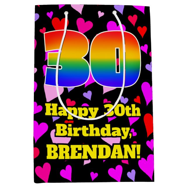 30th Birthday: Loving Hearts Pattern, Rainbow # 30 Medium Gift Bag (Front)