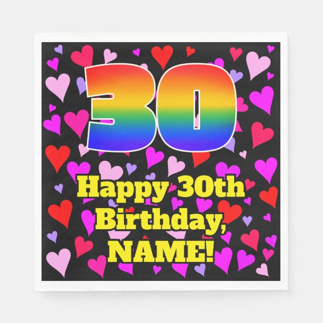 30th Birthday: Loving Hearts Pattern, Rainbow # 30 Napkin (Front)